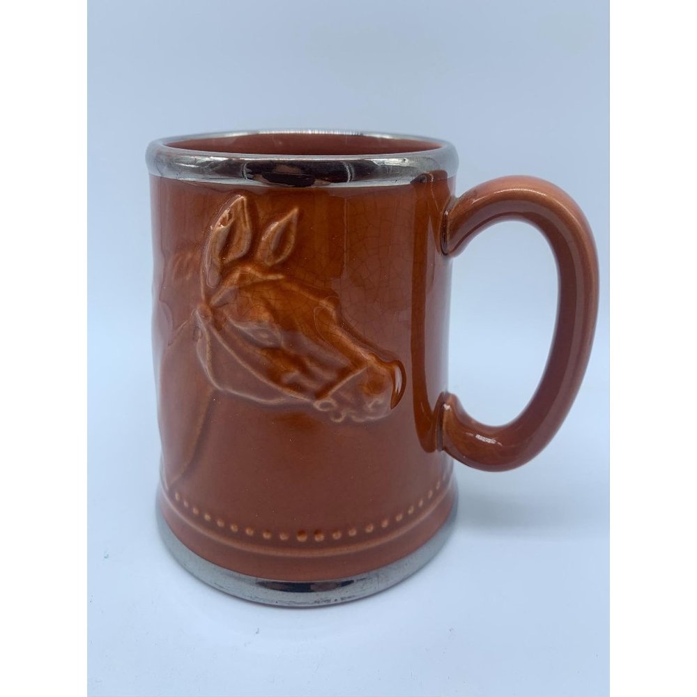 SYLVAC ENGLAND BROWN MUG, HORSE, SILVER RIM